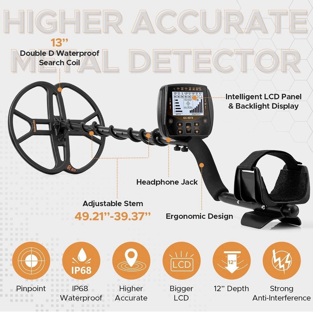 13″ Metal Detector for Adults Professional, Double-D Waterproof Search Coil Gold