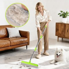 Pet Hair Removal Rubber Broom, Carpet rake with Squeegee for Cleaning Green