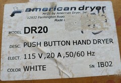 New Old Stock American Dryer Push Button Hand Dryer DR20 115V 20A 50/60Hz White