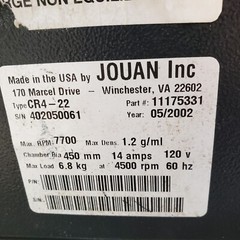 Jouan CR 422 Refridgerated Centrifuge 4750 Max Rotor RPM -8C To 40C CR4-22 120V