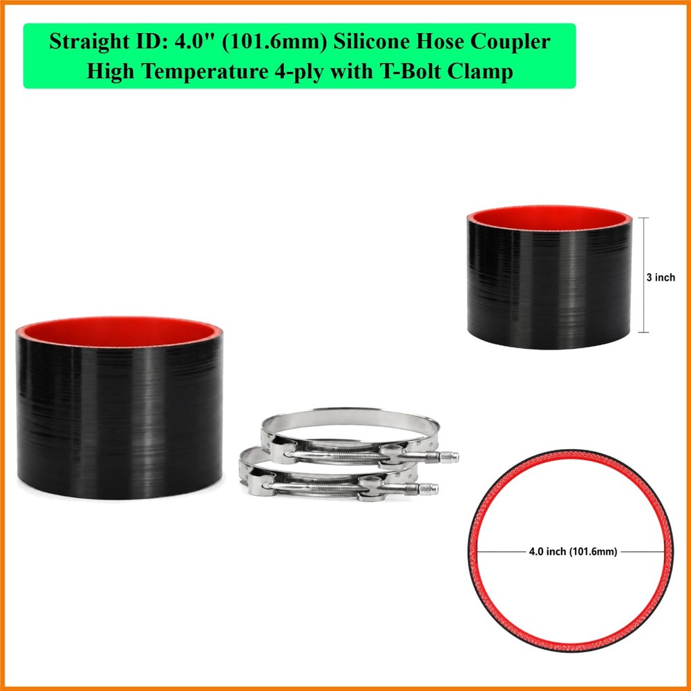 Straight ID: 4.0″ 101.6mm Silicone Hose Coupler High Temperature 4-ply with T…