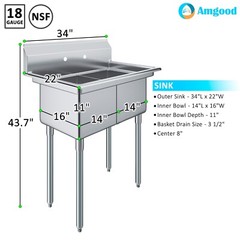 22 in. x 34 in. Stainless Steel Two Compartment Sink. 14in x 16 in x 11 in Bowls