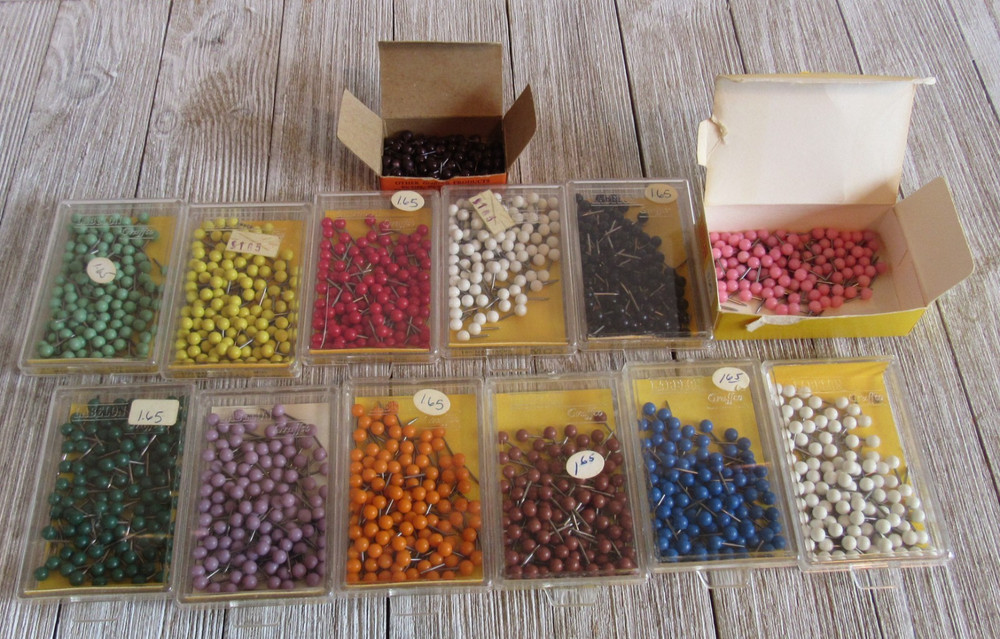 Vintage Map Pins Tacks Lot 13 Labelon Graffco Boxes Medium Head Pink White Red