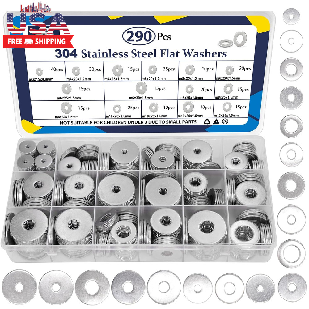 290Pcs Flat Washers, 304 Stainless Steel Fender Washers Assortment, 15 Different