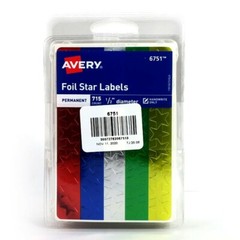 Avery 6751 Foil Star Labels, 1/2 Dia, Red, Blue, Silver, Green, Gold, (6 Packs)