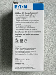 NEW Eaton Duplex Receptacle USB A & TYPE C Charger White 15A Tamper Resistant