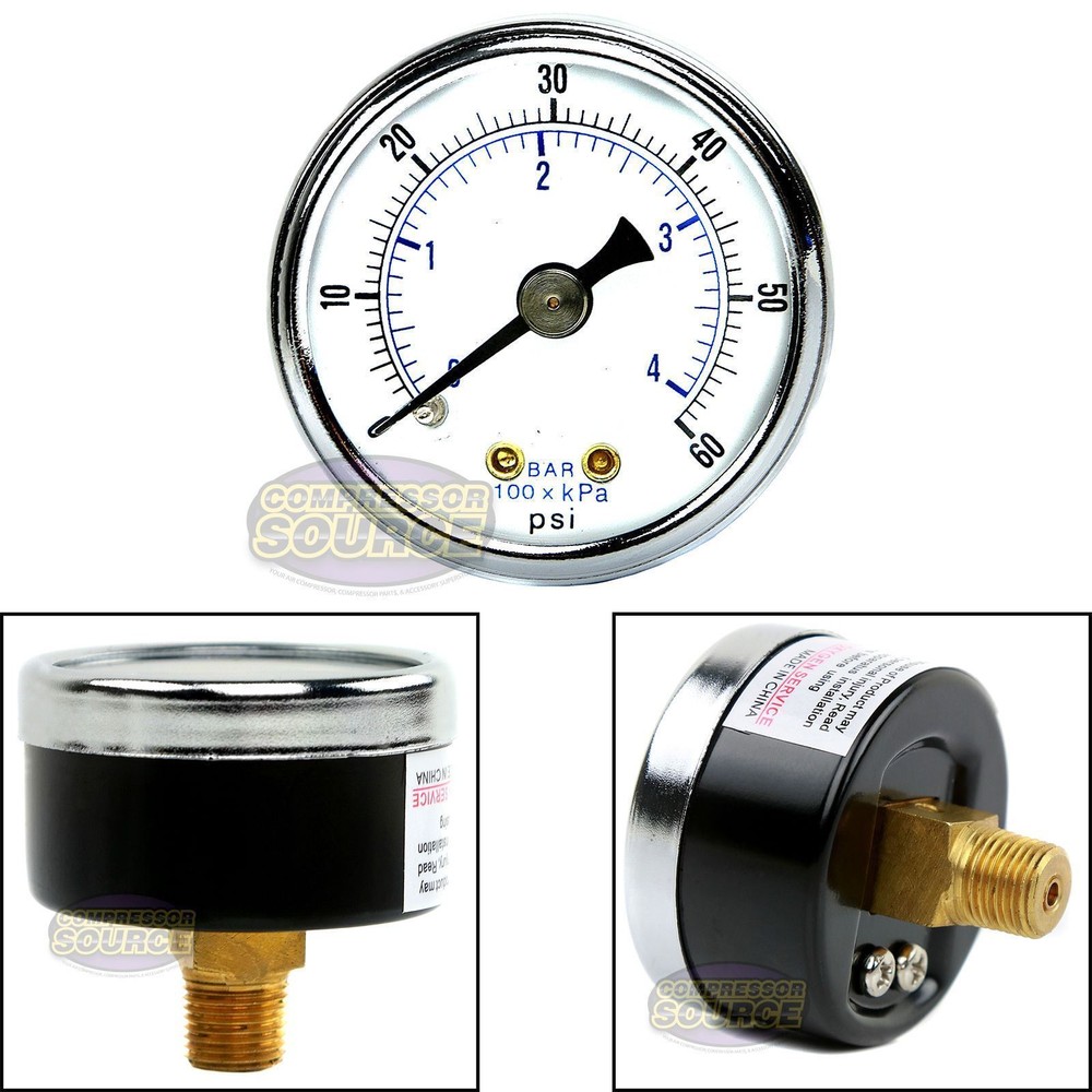 1/8″ NPT Air Compressor Hydraulic Pressure Gauge 0-60 PSI Back Mount 1.5″ Face