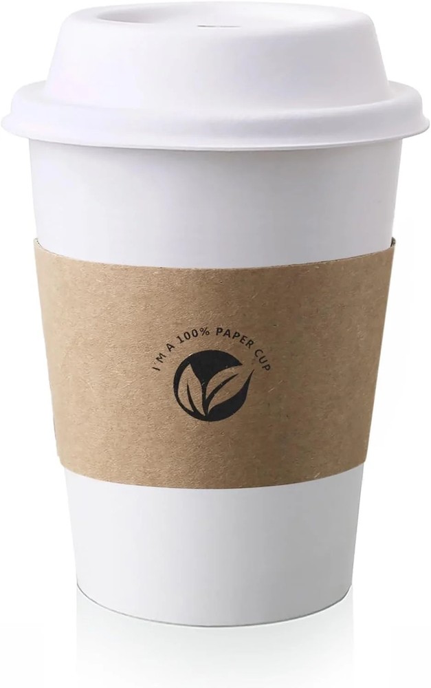 KTOB [50 pack] 12 oz Compostable Coffee Cups with Lids and Kraft Sleeves, Eco Fr