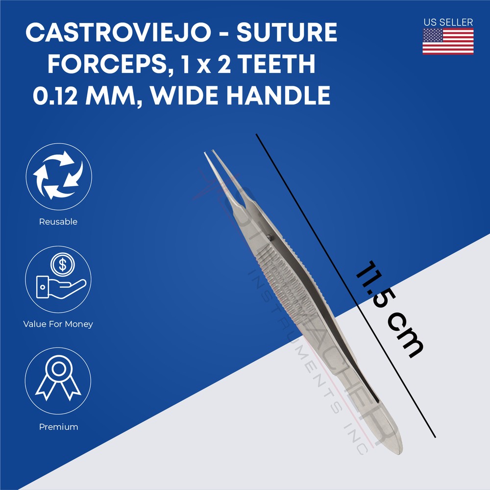 Castroviejo, Suture forceps, 1 x 2 teeth, 0.5 mm & 0.3mm & 0.12mm, wide handle,