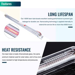OMTech 100W CO2 Laser Tube for 20×28″ 35×24″ Laser Engraver Peak 115W 145cm 8cm