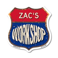 Zac’s Workshop Shield Shaped Sign Weather Resistant Crafted in the USA