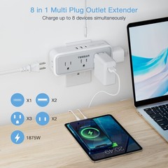 Multi Plug Outlet Extender, USB C Wall Charger, 5 Outlets (USB-C), Gray