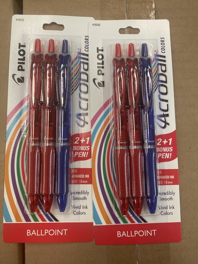 TWO Packs Pilot Acroball Ballpoint Ink Pens Red Blue 2+1 Med 1.0 mm s13 ze