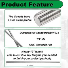 1/4-20 x 12 Fully Threaded Rod, 4PCS 1/4″-20 12 in All Threaded Rods, 304 Stainl