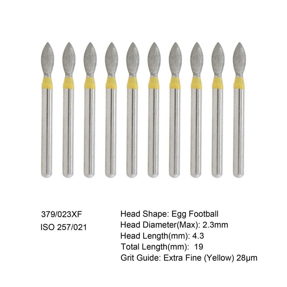 10Pcs Dental Diamond Burs 379/023XF FG Egg Football Extra Fine Grit High Speed