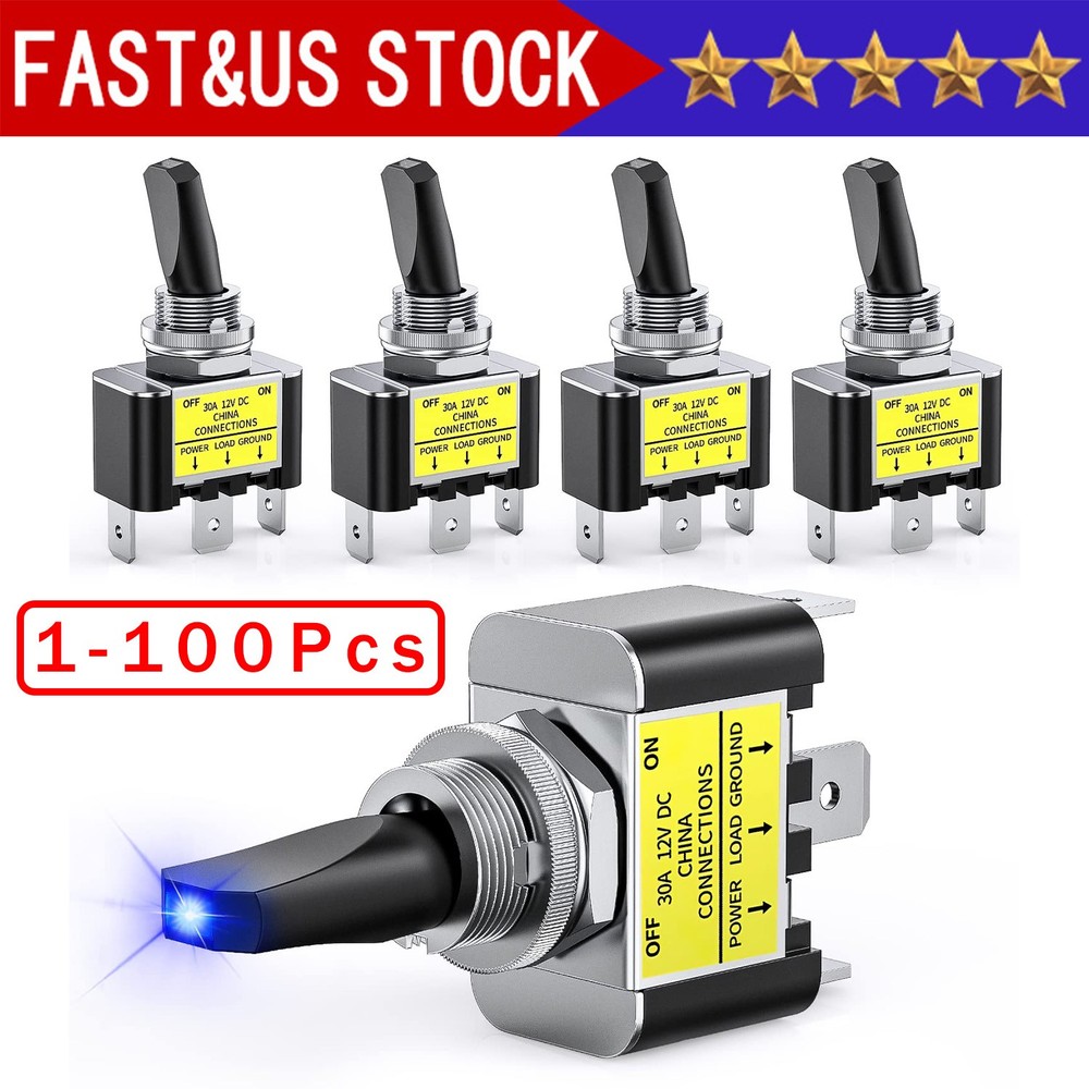 Blue LED Light 3Pin Rocker Toggle ON/Off Switch 30A 12V for Car Boat Marine Lot