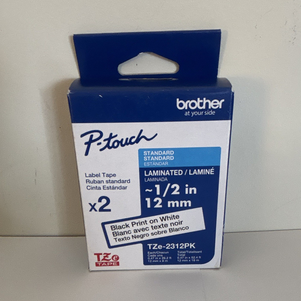 Brother TZe TZE-2312PK P-touch Laminated Label Tape 1/2in Black on White 2PK