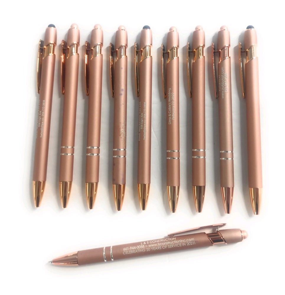 10ct Lot Misprint Metal Retractable Softex Stylus Pens: Rose Gold w/Rose Gold