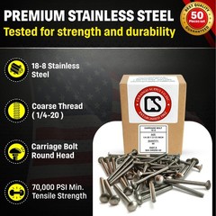 Chenango Supply Stainless 1/4-20 x 2-1/2inches Carriage Bolt (3/4inches to 5inch