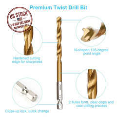 19 Piece Hex Drill Bit Set Titanium HSS Hex Shank Wood Bits 1/16-1/4