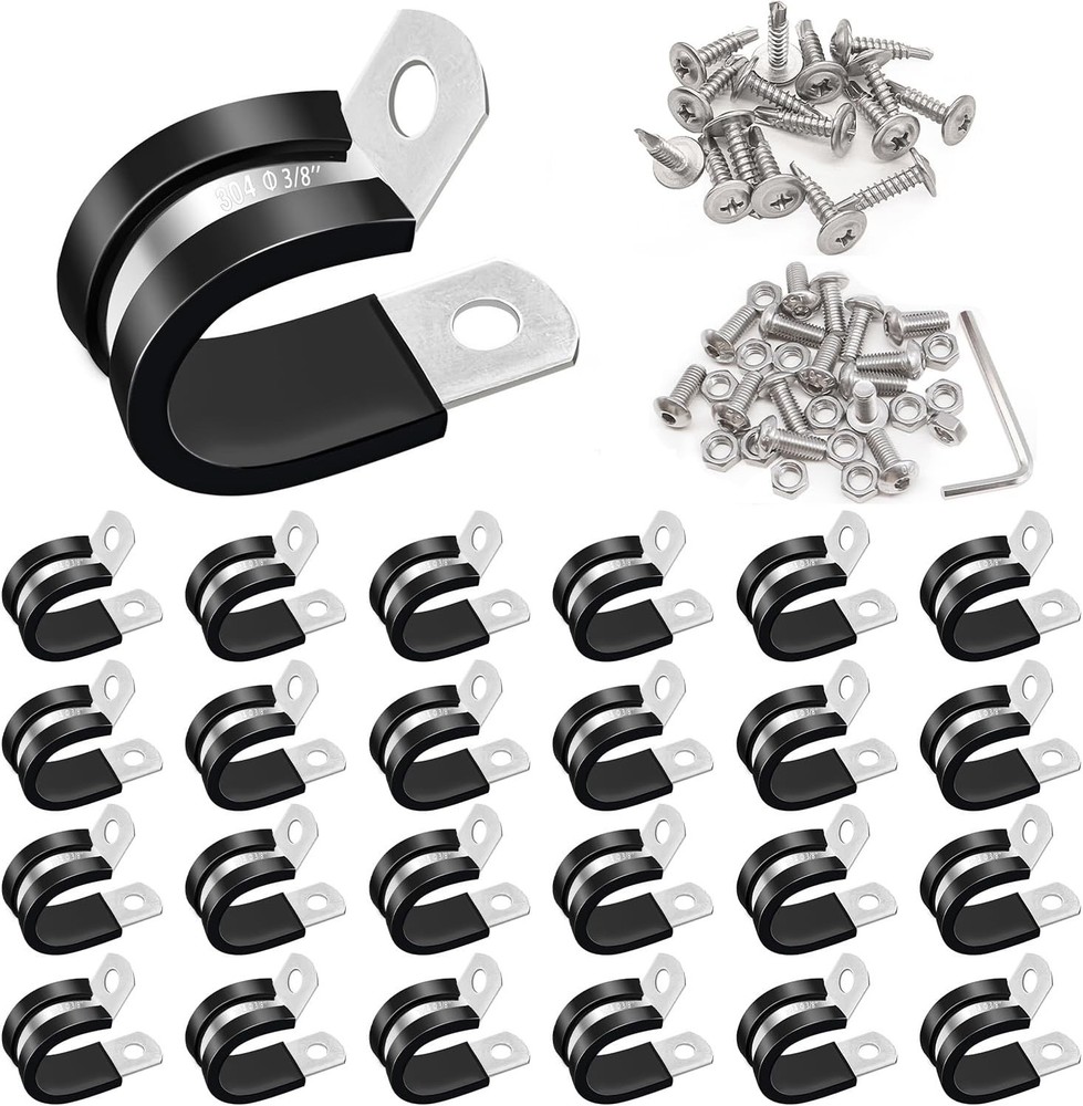 50PCS 3/8 Inch Cable Clamps 304 Stainless Steel Rubber Cushion Insulated Wire Cl