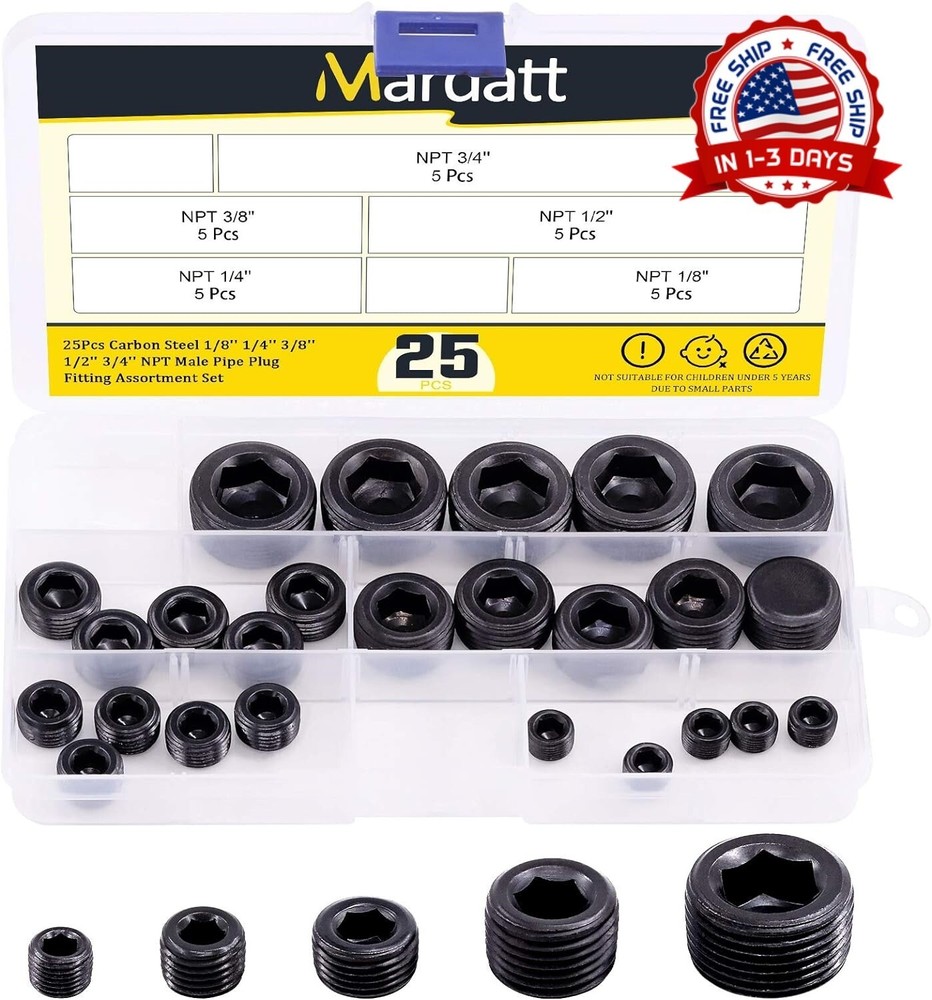 25Pcs NPT Plug Set Pipe Plug Assortment Kit 1/8″ 1/4″ 3/8″ 1/2″ 3/4″Carbon Steel