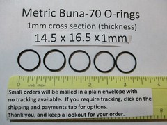 14.5mm ID x 16.5mm OD x 1mm thick O-ring. Buna-70. Quan 5.