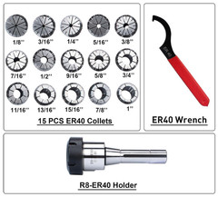 15Pc ER40 Collet Set with R8 Shank Holder & Wrench for Milling-USA FULFILLED