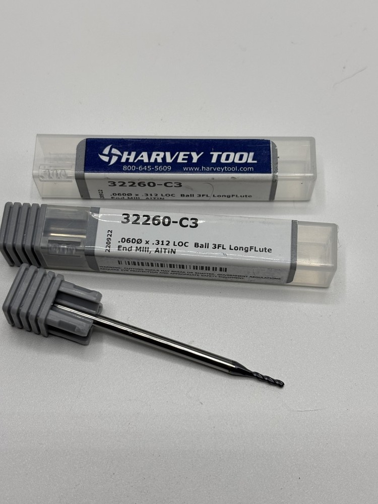 Harvey 32260-C3 solid carbide Ball end mill .060″ .312″ LOC 2.5″ OAL 3 flute