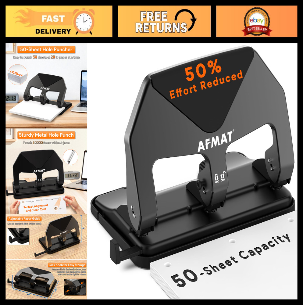 Heavy Duty 3 Hole Punch – 50 Sheet Capacity, Reduced Effort, Adjustable Guide, L