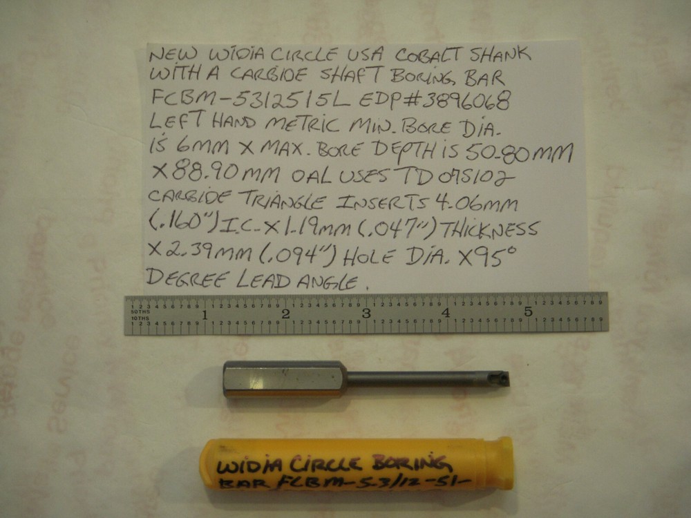NEW WIDIA USA SOLID CARBIDE SHAFT L.H. BORING BAR FCBM-531251 5L MIN. BORE 6MM