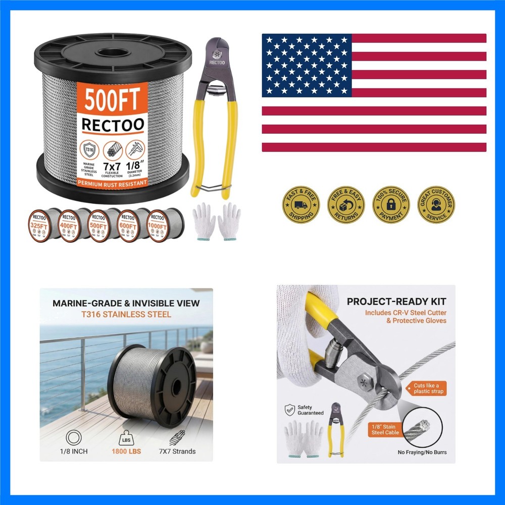 1/8 Stainless Steel Cable, 500FT T316 Marine Grade Wire Rope with 8″ Cutter &…