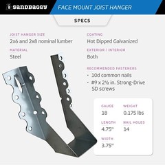 Sandbaggy Face Mount Joist Hanger for 2×6 and 2×8 Nominal Lumber (Galvanized)