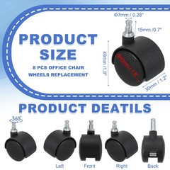 8Pcs 1.5″ Nylon Office Chair Wheels Black Grip Neck Stem