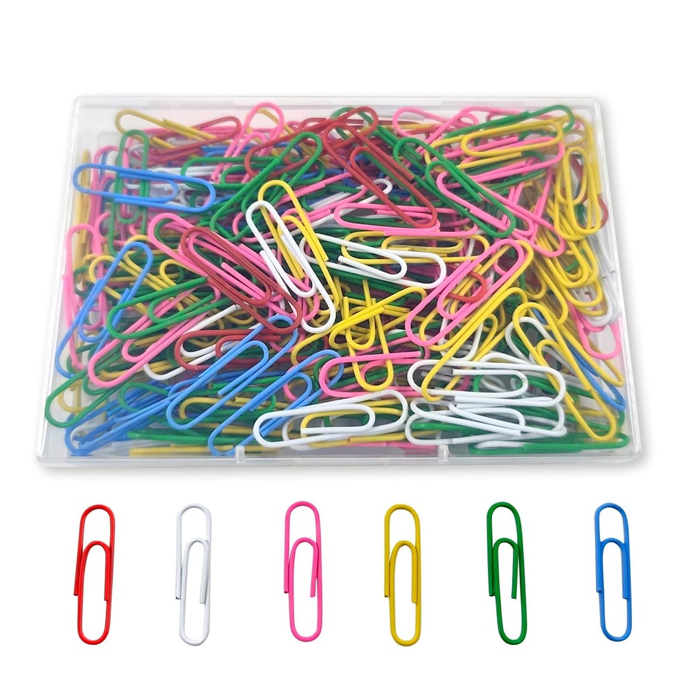 Paper Clips, 200 Medium 1.3 inch, Red, Green, Yellow, Blue, White, and Pink