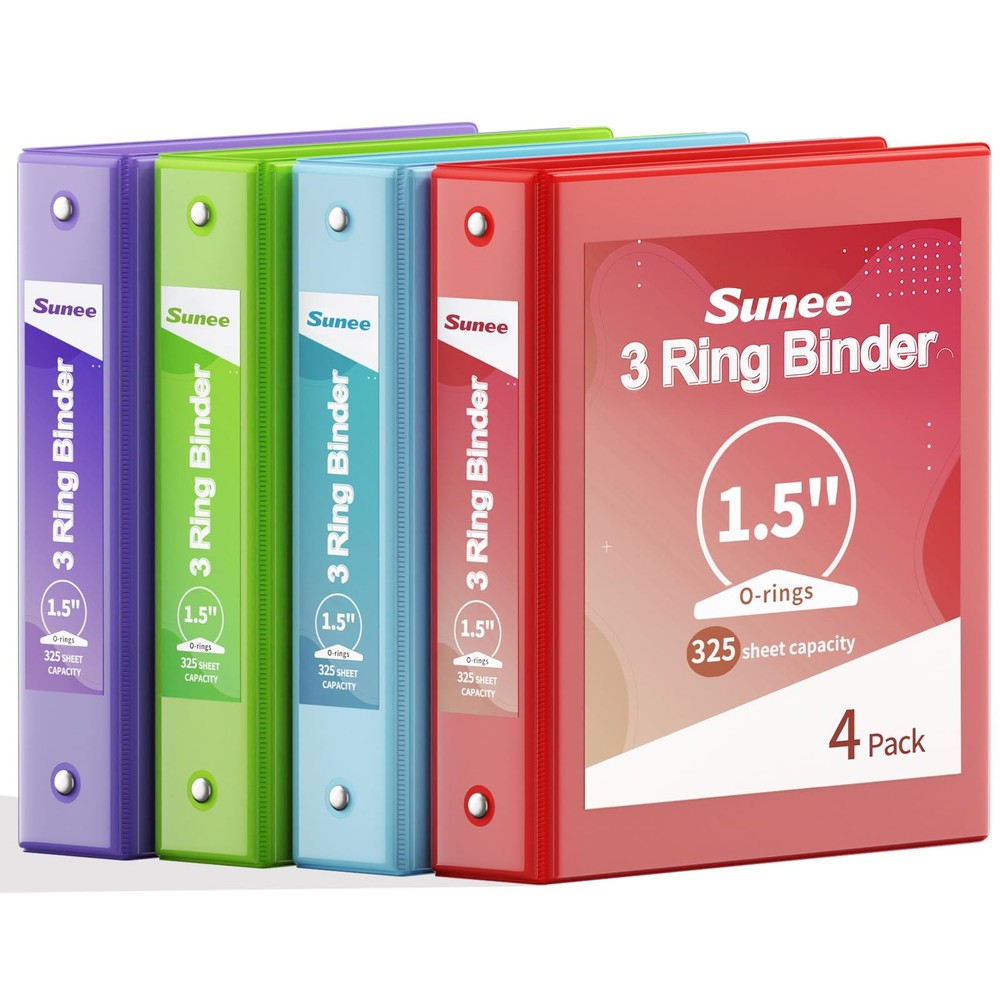 1.5 Inch Binders 3 Ring 4 Pack, 1 1/2 Inch Classic 4-Color Binder Set (8.5×11…