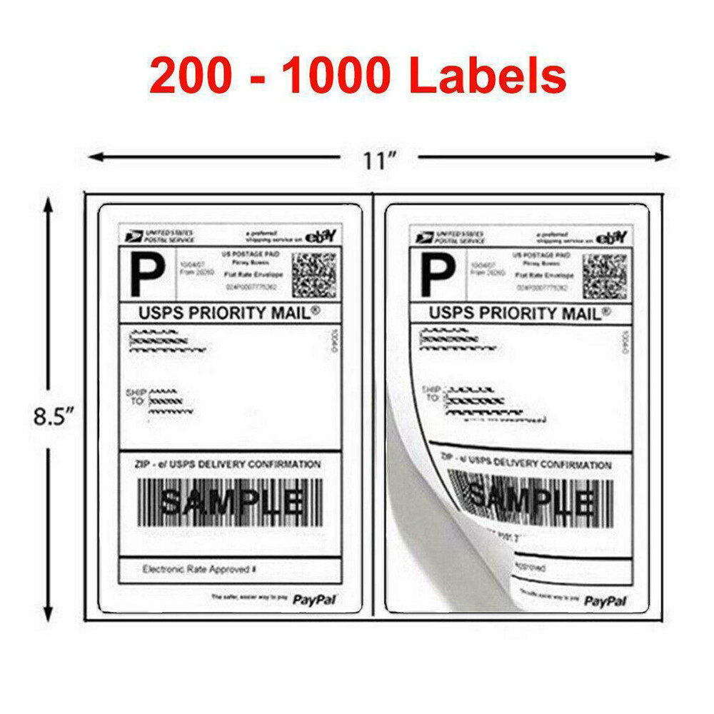200 – 1000 Shipping Labels 8.5 x 5.5 Half Sheets Blank Self Adhesive 2 Per Sheet