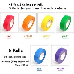 6 Rolls Colored Masking Tape，colored painters tape，0.6″ x14.3Yard