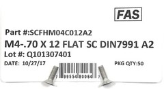(50) M4 x 0.7 x 12 Stainless Steel Flat Head Socket Cap Screws DIN7991 M4-0.7 A2