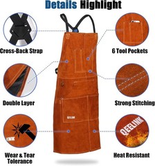 Custom Fit Leather Welding Apron, 6 Pockets, 24”x42”, Ideal for Professionals