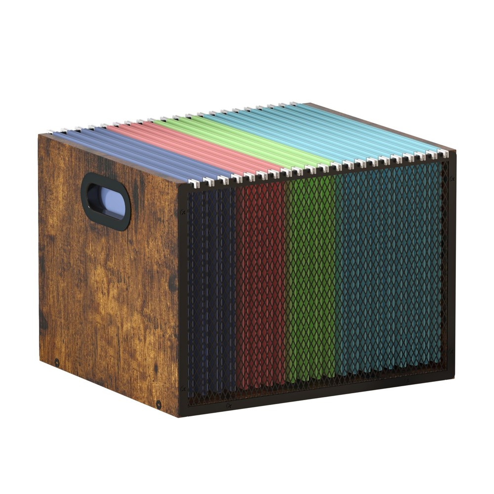 1 PCS Rustic Brown Wooden Hanging File Organizer Metal Mesh Desk Crate