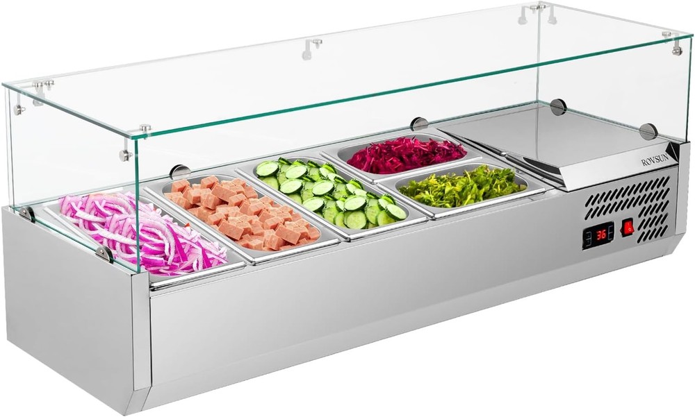 47″ Refrigerated Condiment Prep Station 3 * 1/3 Pan & 2 * 1/4 Pan Glass Shield
