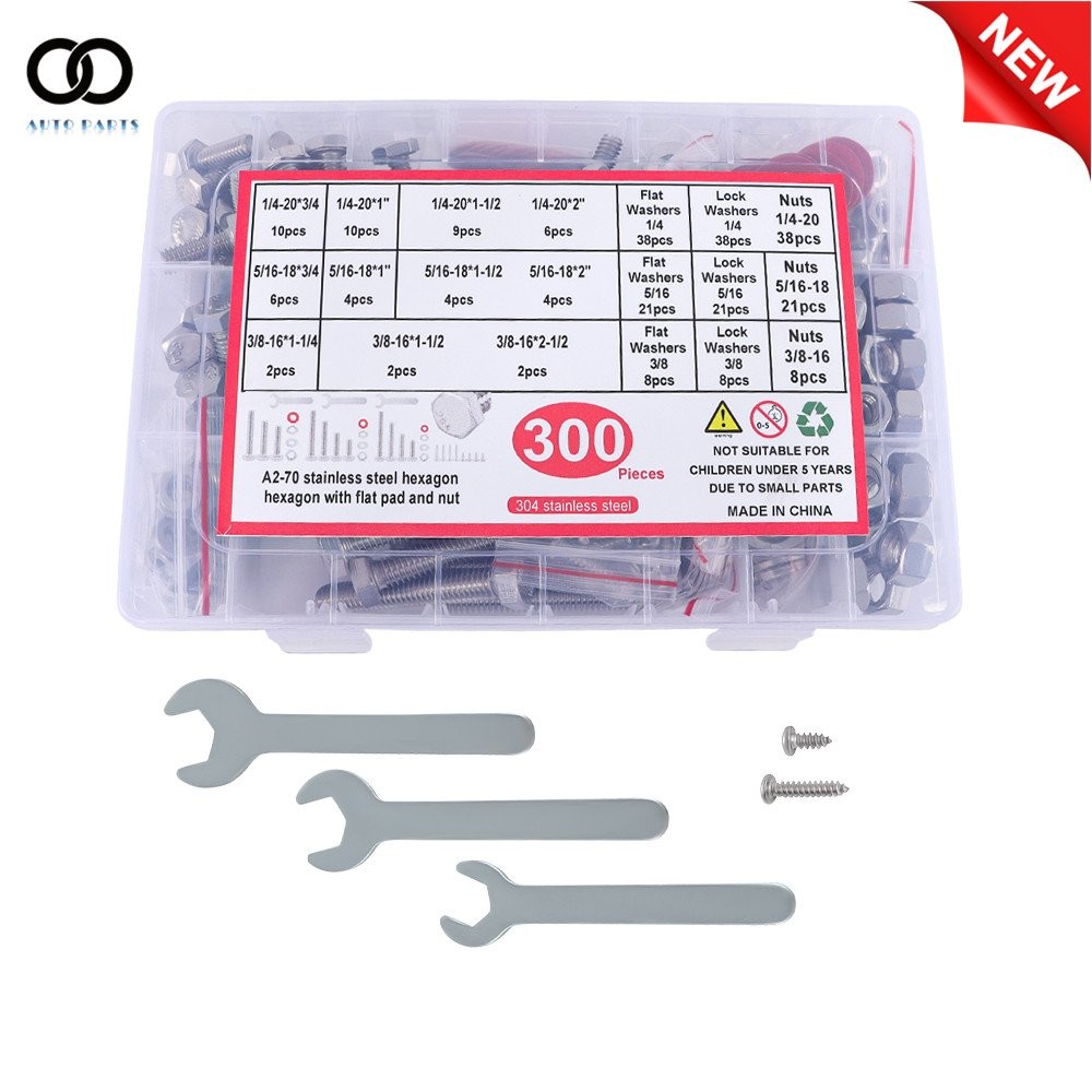 300 × Nuts and bolts Assortment Kits 1/4-20 5/16-18 3/8-16 304 Stainless Steel