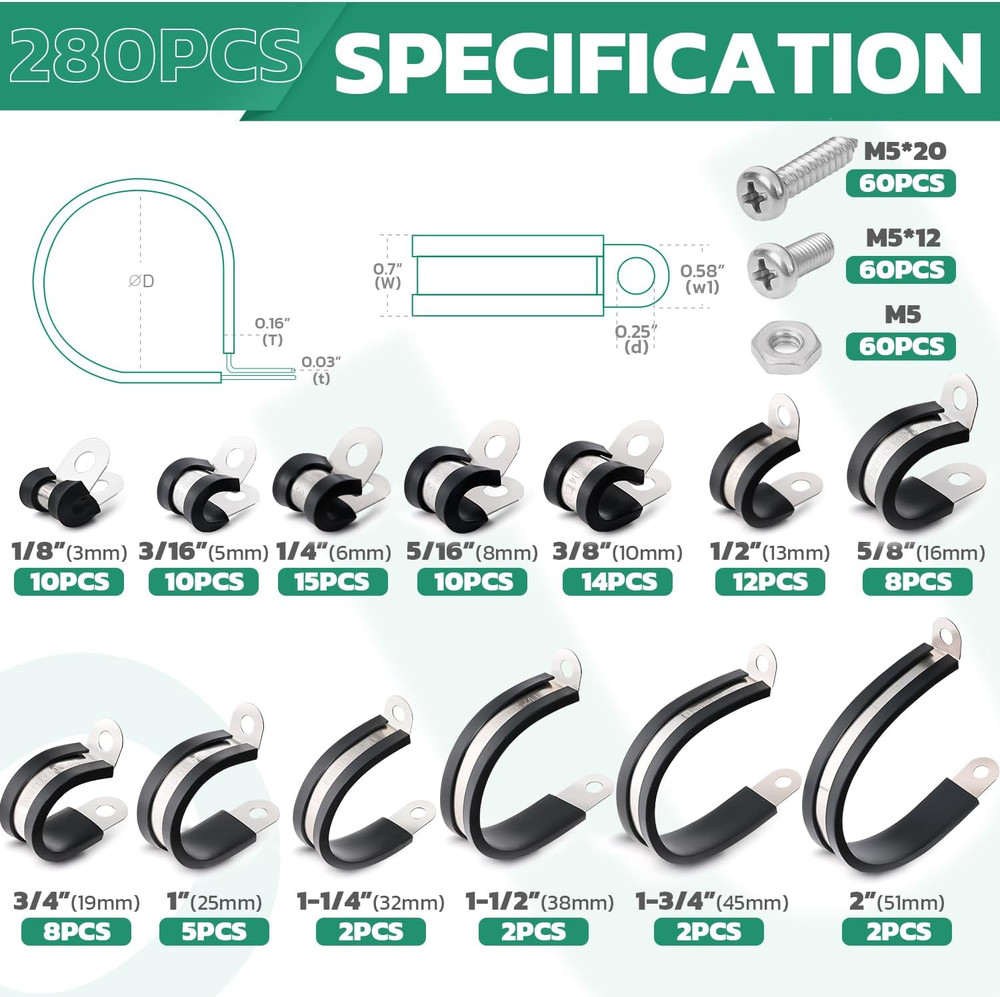 280PCS Cable Clamps with Screws Assortment Kit Steel Rubber Cushioned Insulated