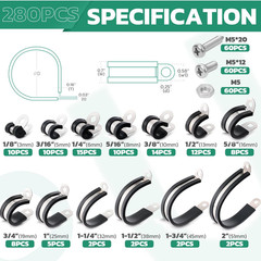 280PCS Cable Clamps with Screws Assortment Kit Steel Rubber Cushioned Insulated