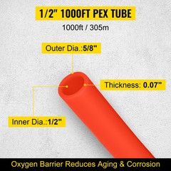 VEVOR 1/2″ x 1000ft Pex Tubing Pex Pipe Oxygen Barrier Red Radiant Floor Heating