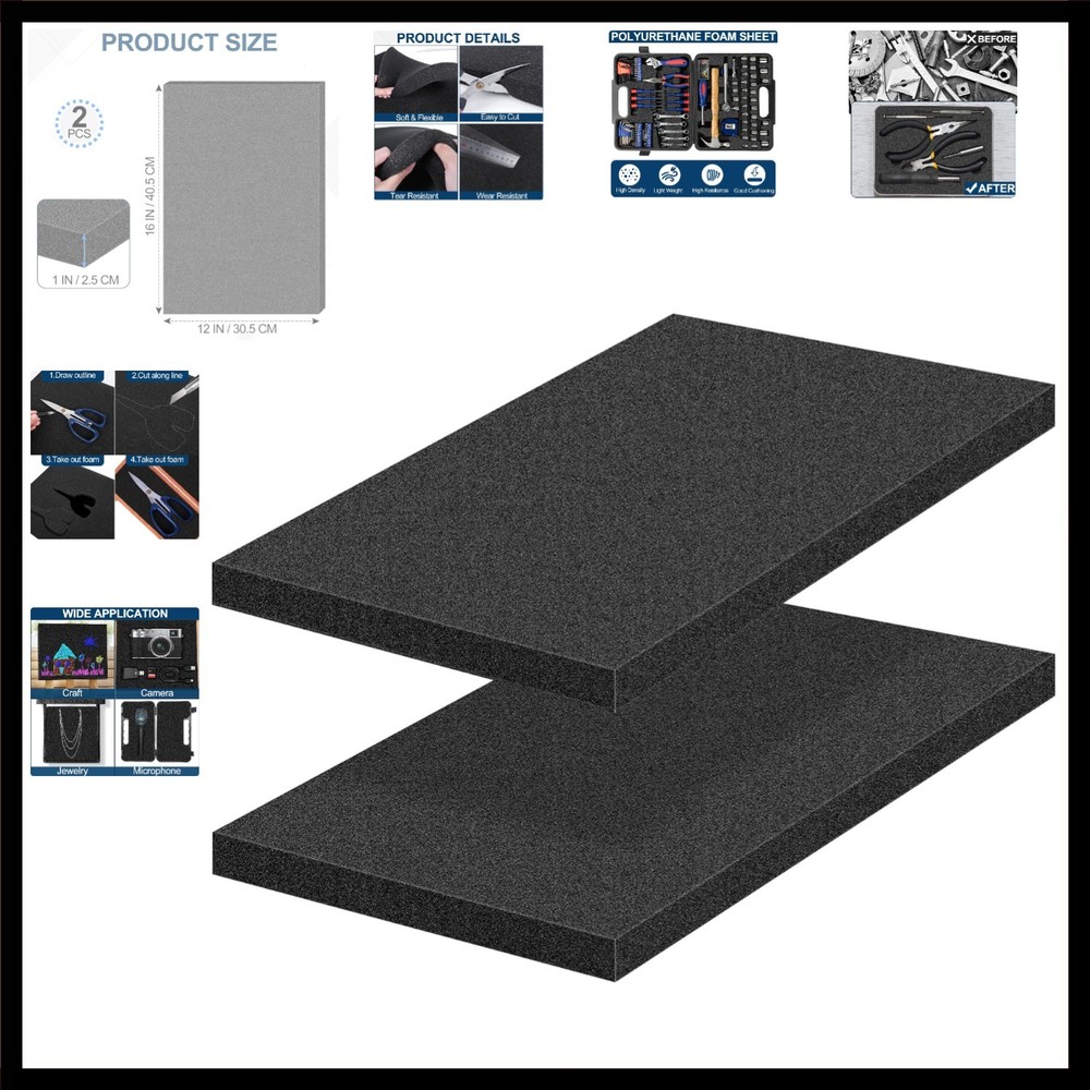 2 PCS Polyurethane Foam Sheets 16″ L x 12″ W x 1″ T Packing Foam Inserts Cutt…