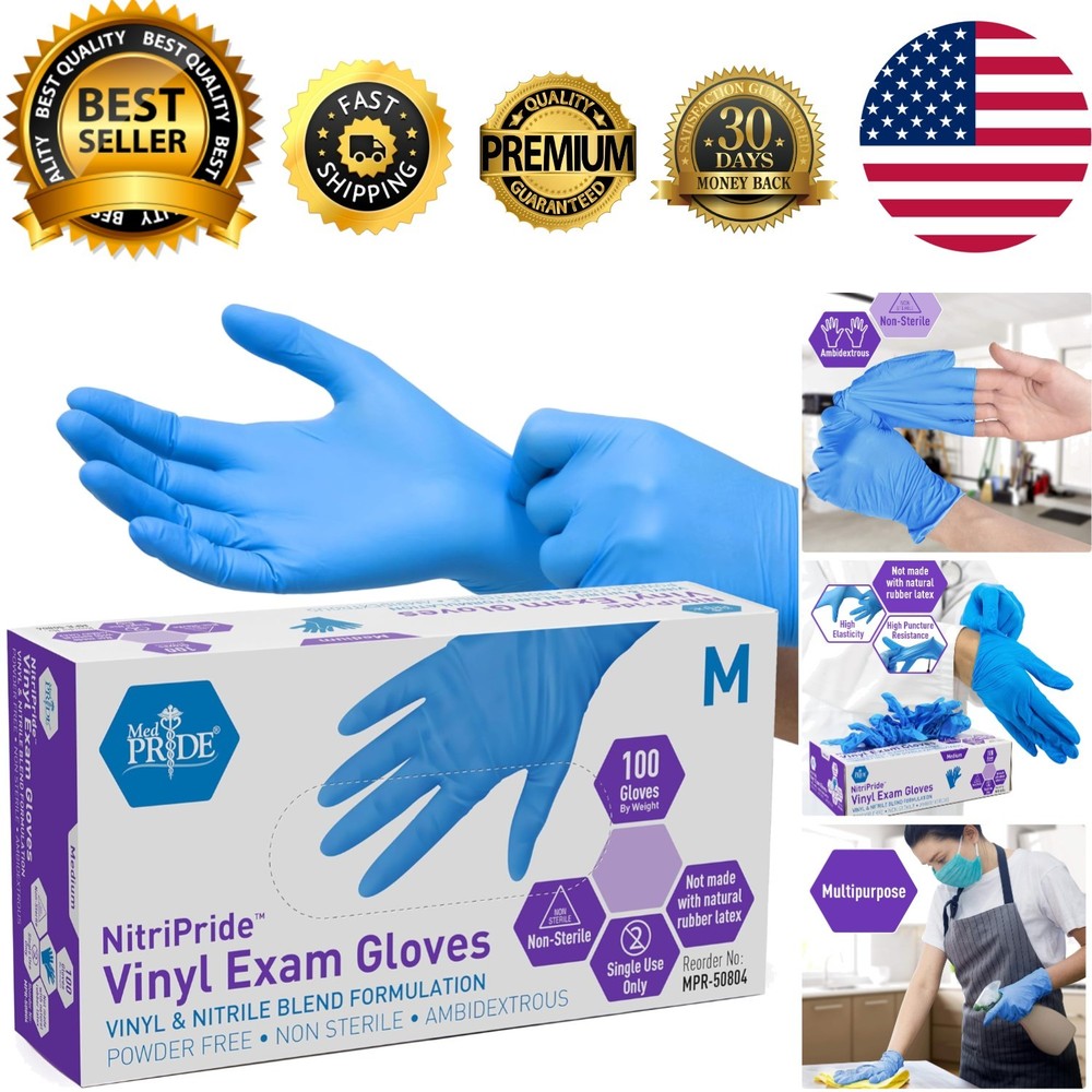 Blue Nitrile/Vinyl Blend Exam Gloves – Powder-Free, Latex-Free, Med Size, 100ct