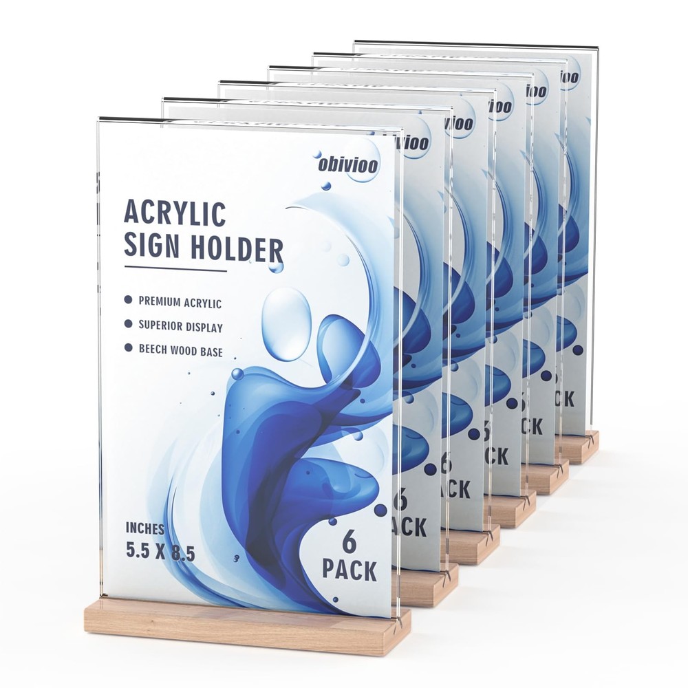 Acrylic Sign Holder 5.5×8.5 with Wood Base, Clear T shape Table Display