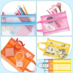 A5 Double-Layer Nylon Mesh Zipper Pouch Bags with Handle 6-Pack Multicolor